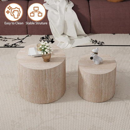 Travertine Round Nesting Coffee Tables 2 Piece Set - Contemporary Design, Round Drum Nesting Side