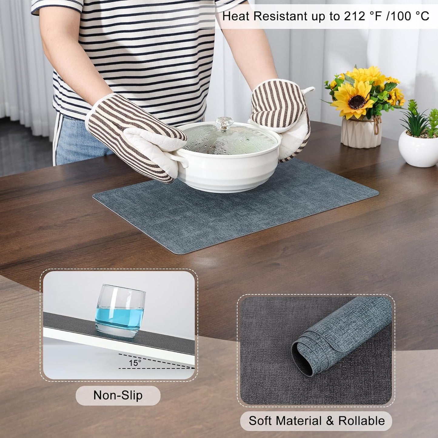 Myir JUN Dual Sided Placemats, Faux Leather Set of 6 Indoor & Outdoor Square Non-Slip Table Mats