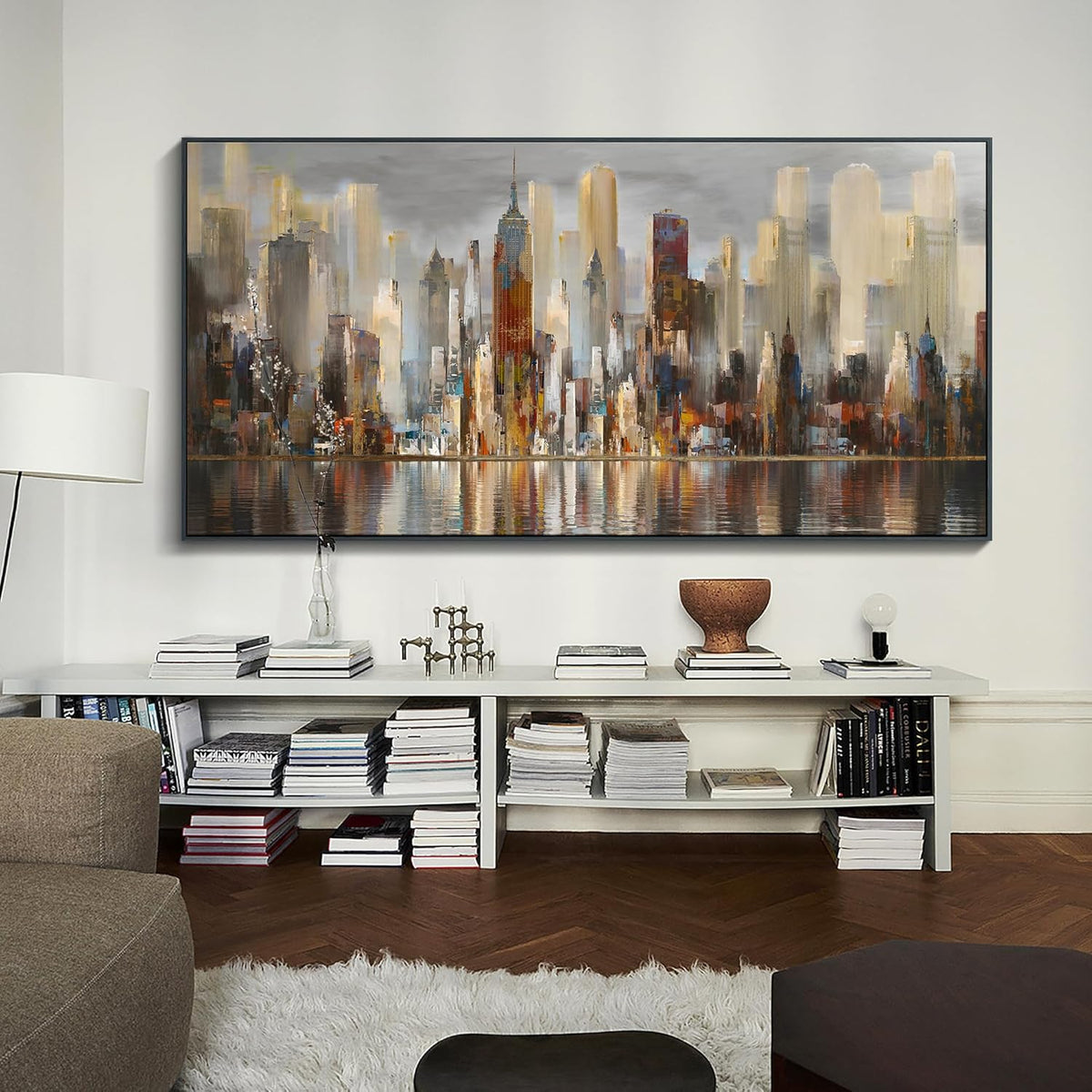 Mofutinpo Large Black Framed Cityscape New York abstract wall art Brown City Theme Paintings Modern