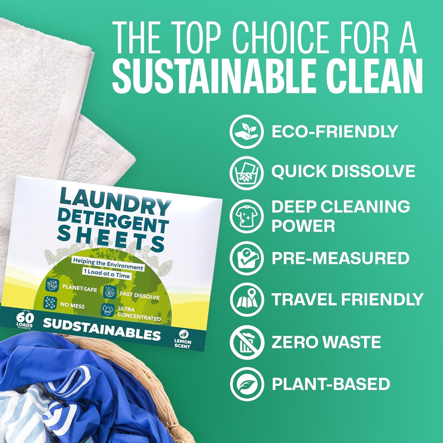 Sudstainables Laundry Detergent Sheets (60 Loads) – Eco-Friendly, Zero Waste, Plastic-Free Laundry