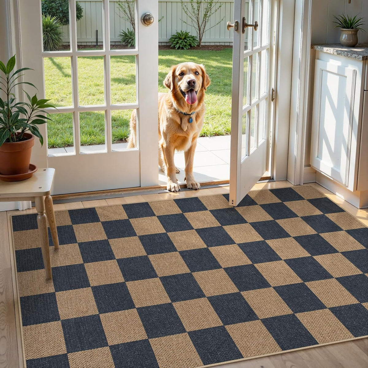 Lahome Checkered Easy Jute Indoor Outdoor Carpet, 3x5 Washable Rugs for Entryway Living Room