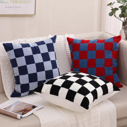 Alysheer Checkered Embroidered Decorative Throw Pillow Covers 18"x 18" Set of 2, Classic Chic Navy