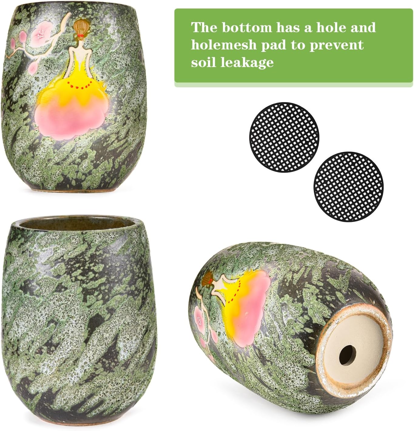 Sungmor 10.6 Inch Ceramic Succulent Plant Pot with Drainage Hole, Hand Painted Flower Pots for