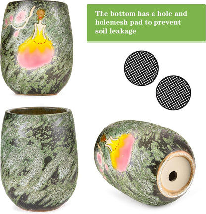 Sungmor 10.6 Inch Ceramic Succulent Plant Pot with Drainage Hole, Hand Painted Flower Pots for