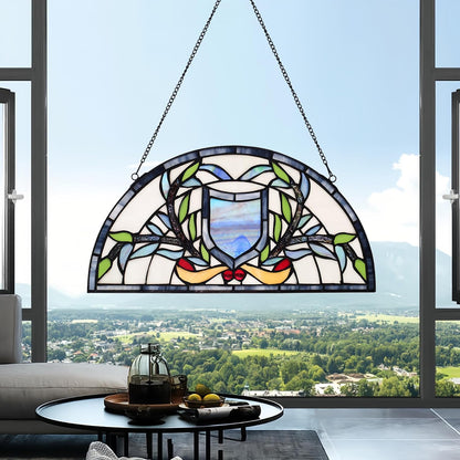 YOURANJU Half Moon Stained Glass Window Hanging Tiffany Style 16" x 8" Half-Round Window Panel