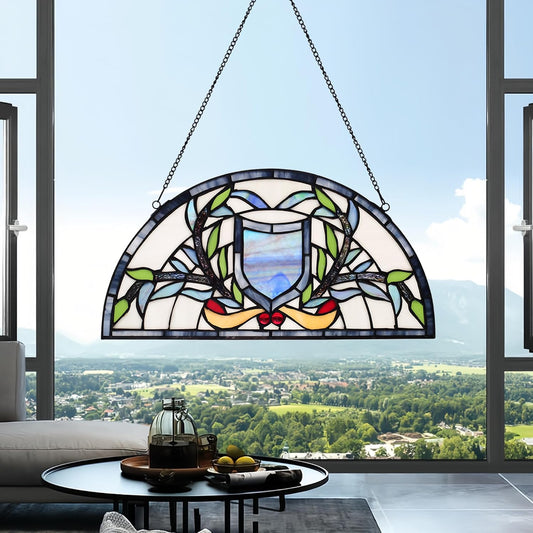 YOURANJU Half Moon Stained Glass Window Hanging Tiffany Style 16" x 8" Half-Round Window Panel