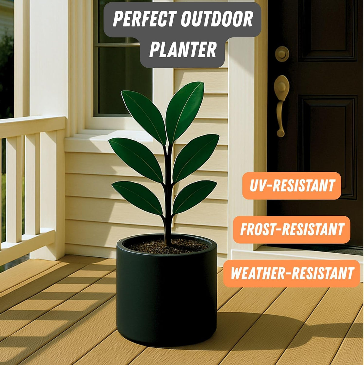 Fox & Fern 8 Inch Black Plant Pot with Drainage Plug — Premium Lightweight Fiberstone Matte Black