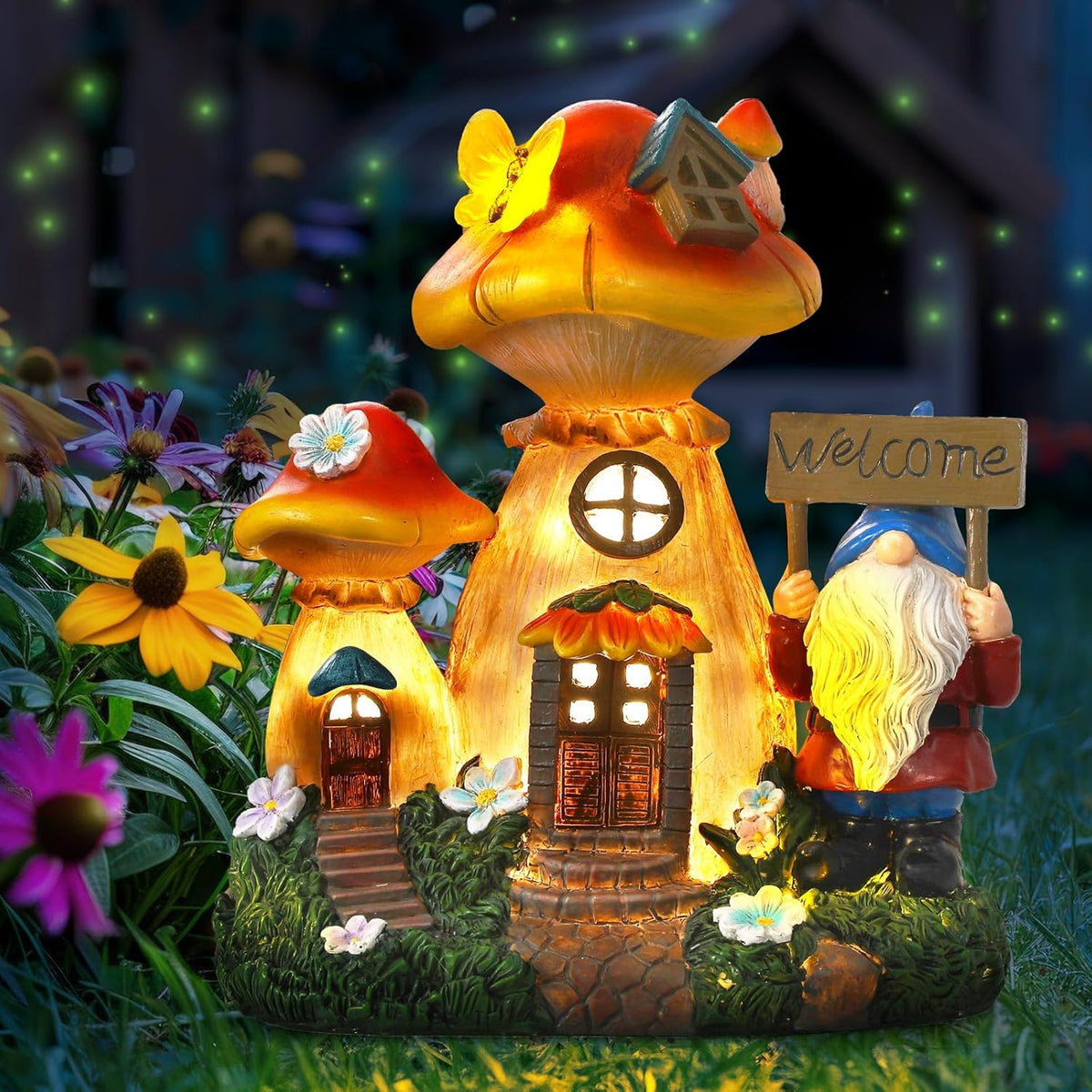 Solar Garden Statue Lights Mushroom Fairy House Figurine, Outdoor Memorial Garden Ornaments