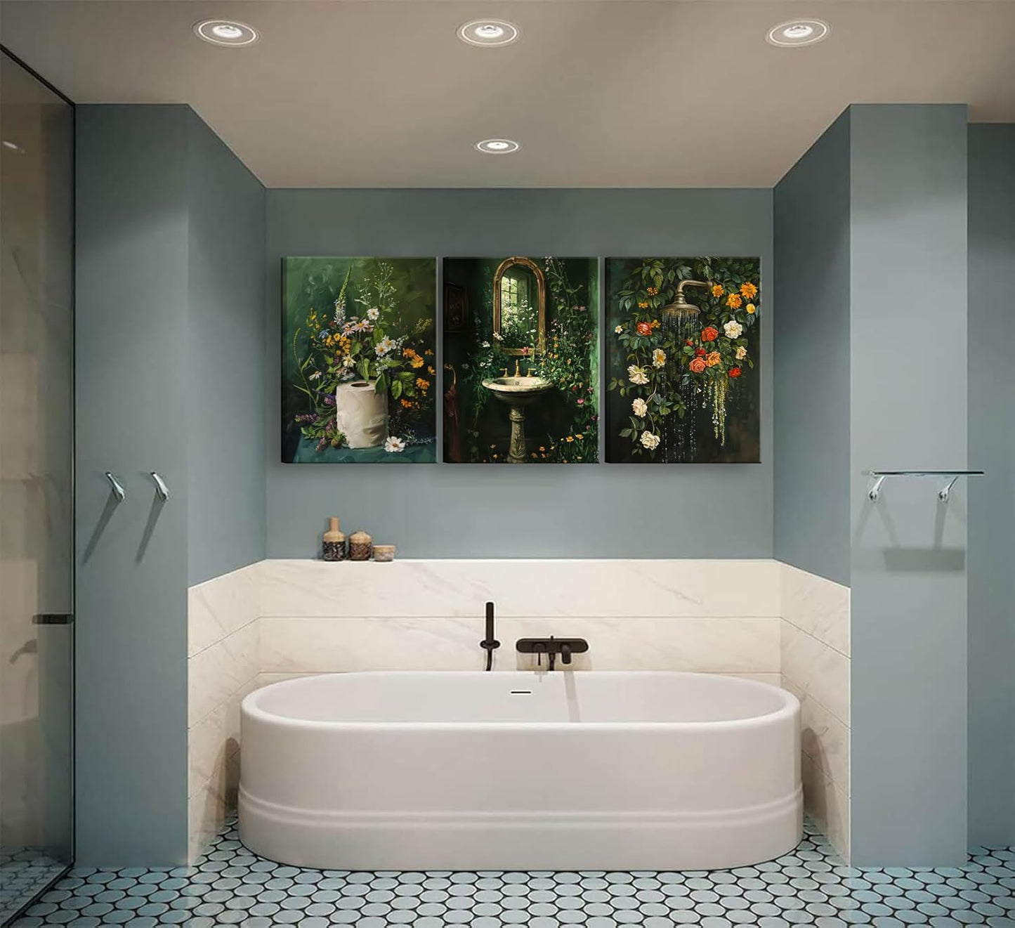 3Pcs Framed Vintage Dark Green Bathroom Wall Art Shower Toilet Paper Roll Floral Poster Print