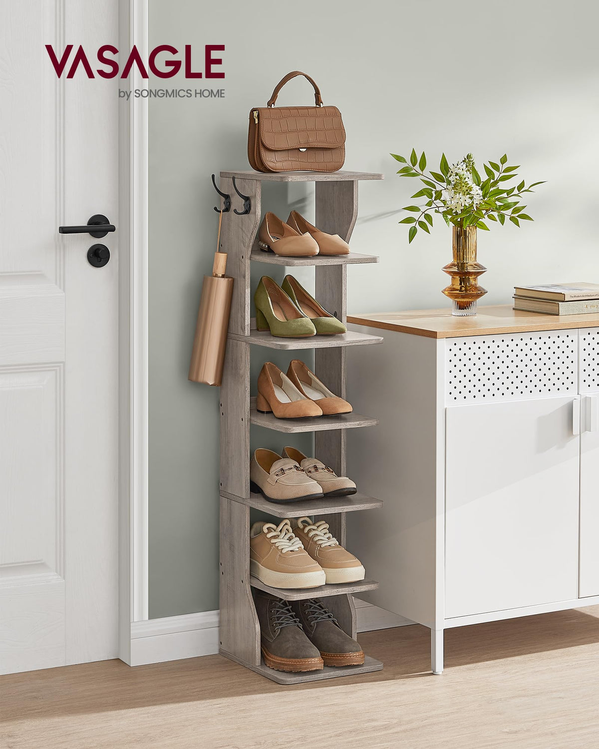 VASAGLE 7-Tier Vertical Shoe Rack, Narrow Shoe Storage Organizer with Hooks, Slim Corner Tower