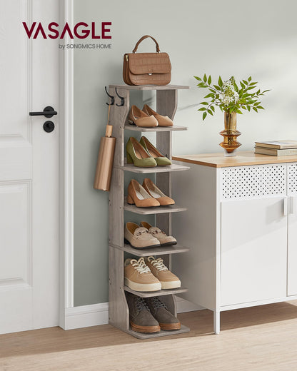 VASAGLE 7-Tier Vertical Shoe Rack, Narrow Shoe Storage Organizer with Hooks, Slim Corner Tower