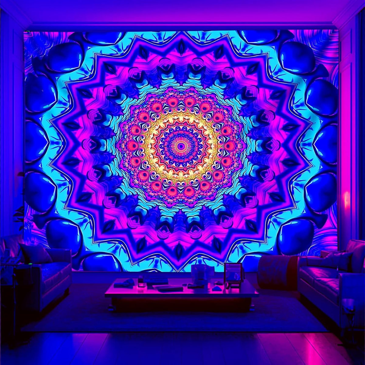PSYHILAR Blacklight Mandala Tapestry for Bedroom, Black Light Posters for Adults and Teens