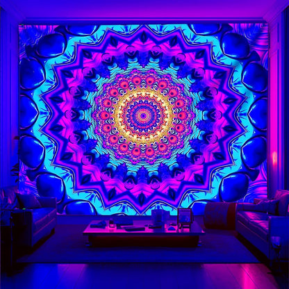 Blacklight Mandala Tapestry for Bedroom, Black Light Posters for Adults and Teens, Colorful UV