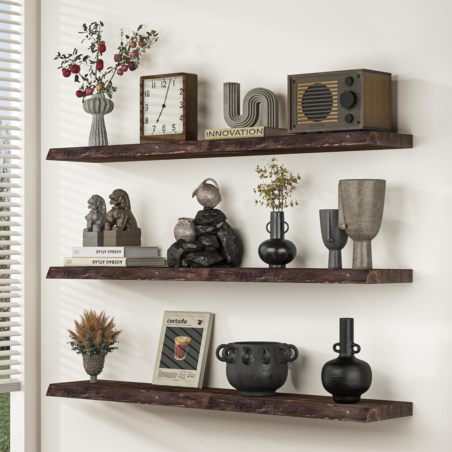 Floating Shelves for Wall, 32 Inch Floating Shelves Wall Mounted, Rustic Live Edge Elm Wood