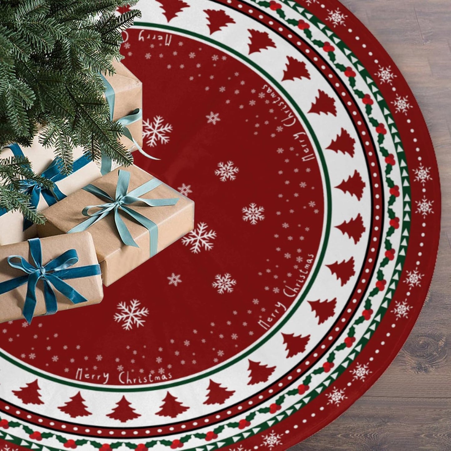 Christmas Tree Skirt 48 Inches, Red and Green Xmas Tree Mat with Winter Snowflake for Christmas