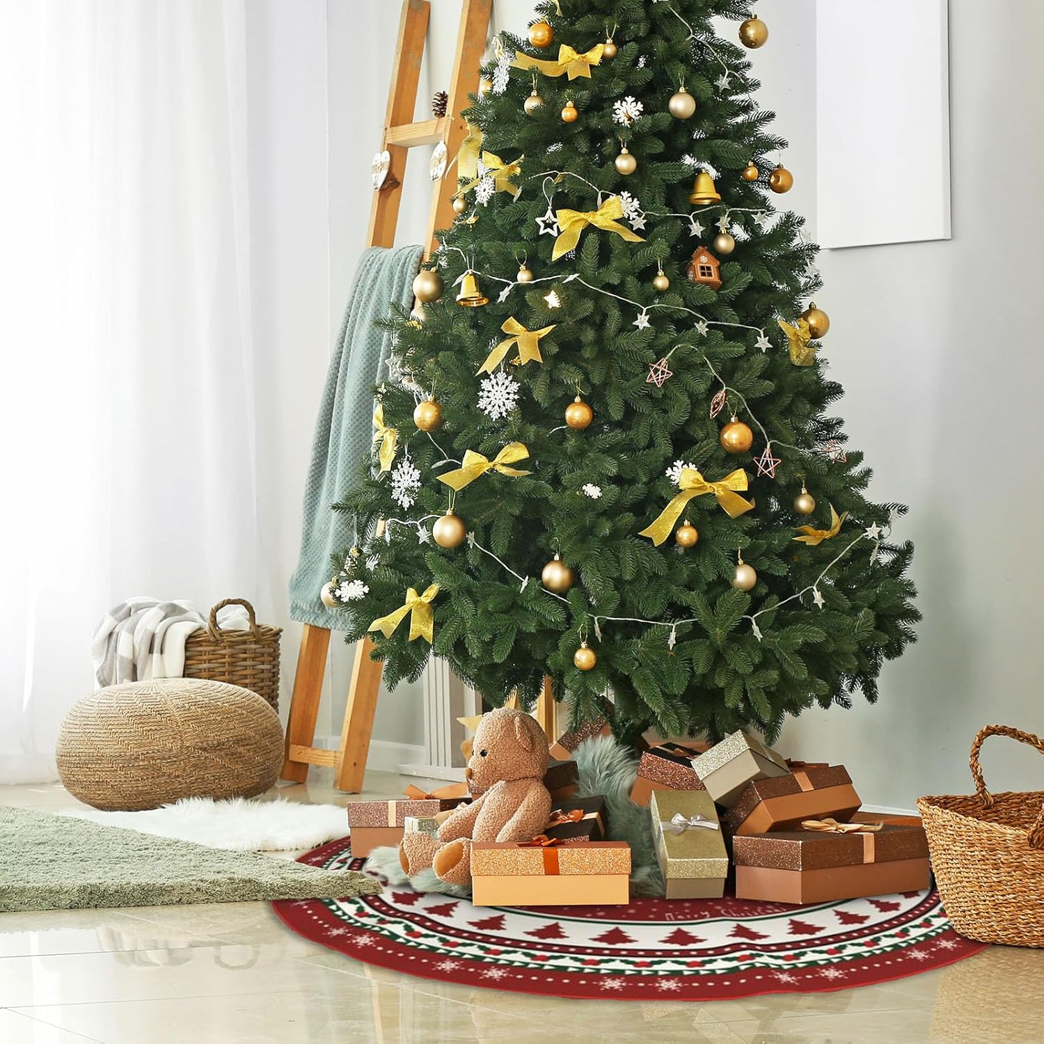 Christmas Tree Skirt 48 Inches, Red and Green Xmas Tree Mat with Winter Snowflake for Christmas