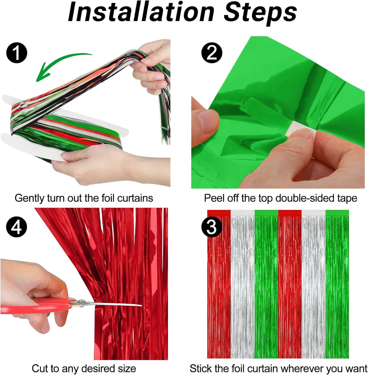 8 Pack Christmas Photo Backdrop, 3.28 FT x 7.05 FT Red Silver Green Party Streamer, Metallic Foil