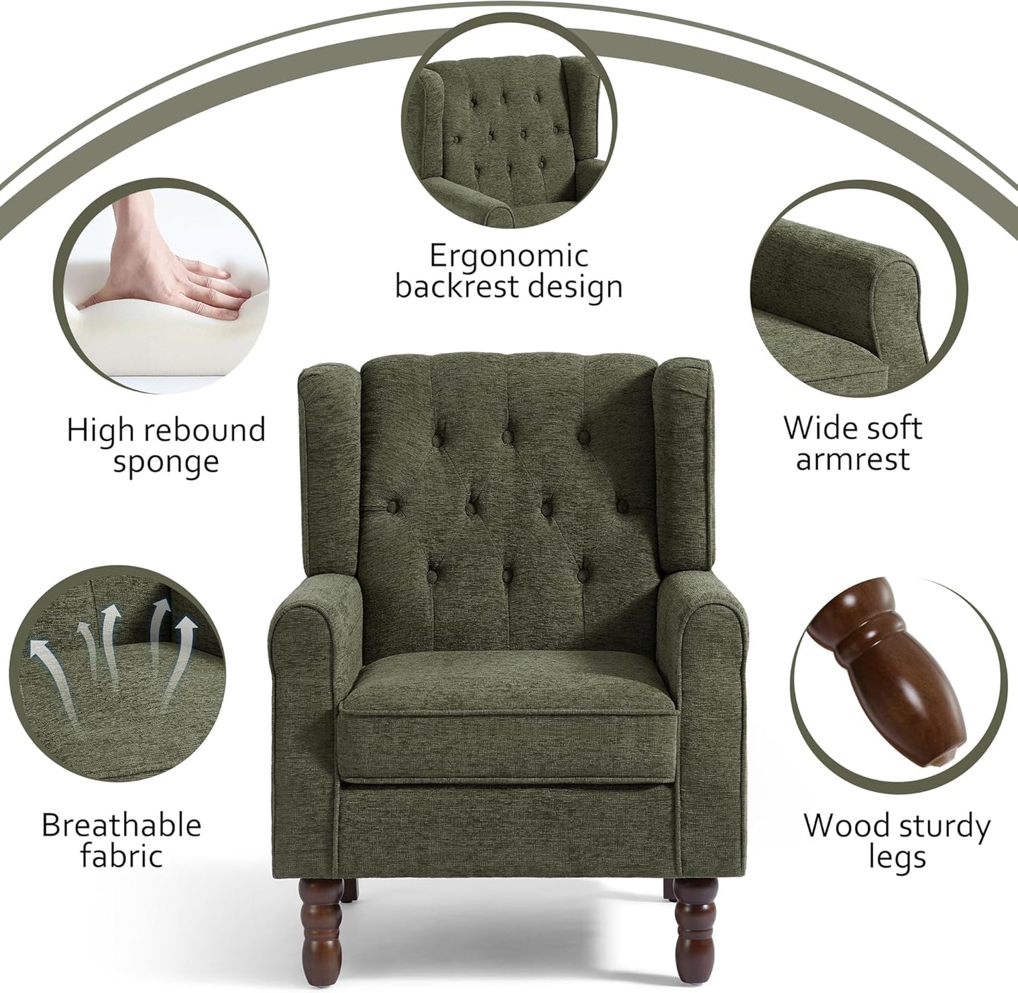 Lumibee High Back Accent Chair,Upholstered Wingback Armchair with Solid Wood Legs for Small