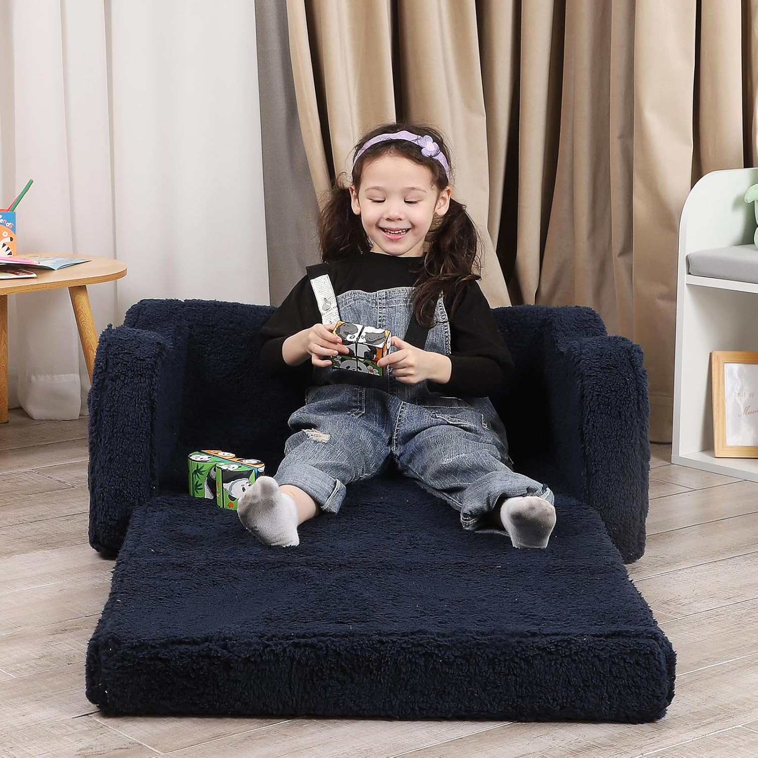 Kids Extra Wide Chairs for Toddler, 2-in-1 Toddler Soft Sherpa Couch Fold Out, Convertible Sofa to