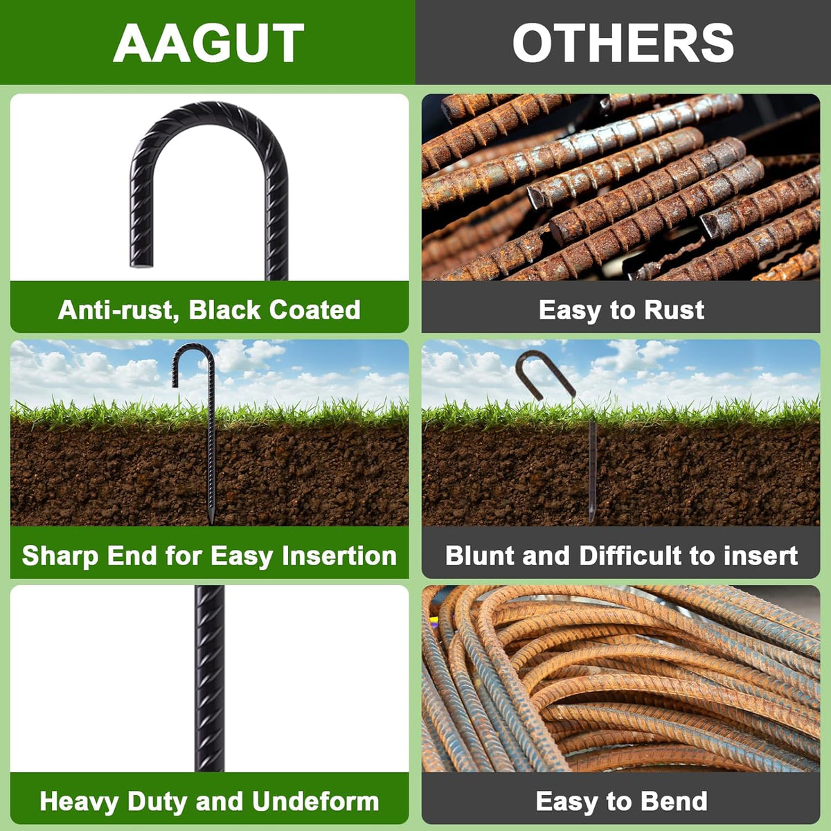 AAGUT 16 Inch 8 Pack Rebar Stakes 3/8" Heavy Duty J Hook Chain Link Fence Stakes with Chisel Point