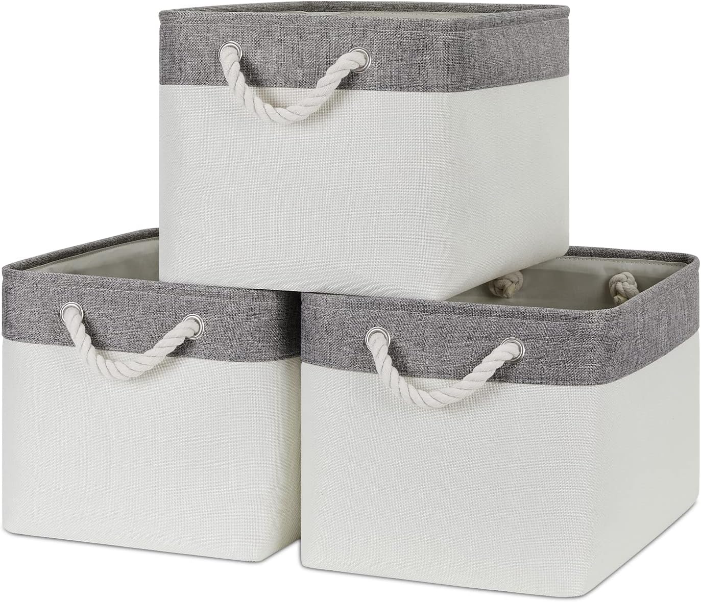 Bidtakay White Baskets with Cotton Rope Handles Decorative Storage Bins [3-pack] Fabric Bins for