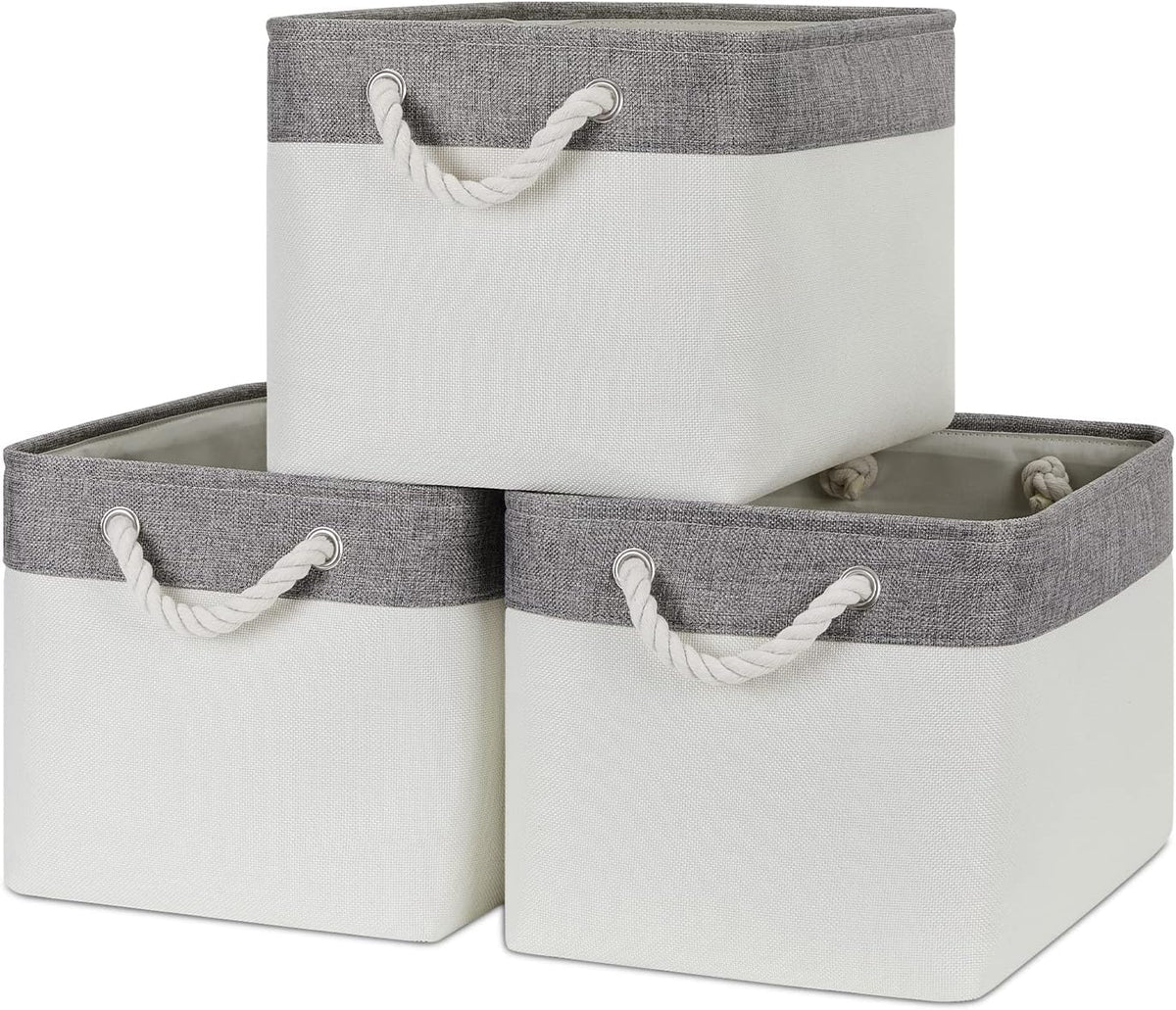 Bidtakay White Baskets with Cotton Rope Handles Decorative Storage Bins [3-pack] Fabric Bins for