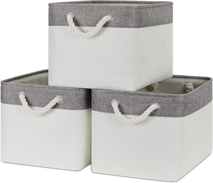 Bidtakay White Baskets with Cotton Rope Handles Decorative Storage Bins [3-pack] Fabric Bins for