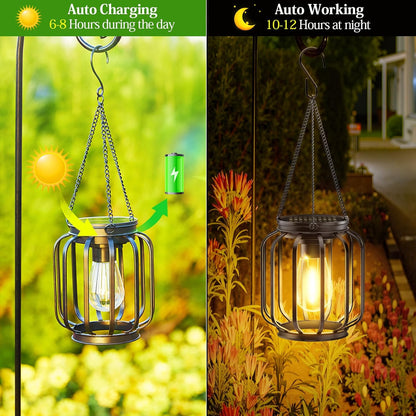 Solar Hanging Lanterns Outdoor: 2 Pack Metal Solar Hanging Lights with Hook, Bright - Warm