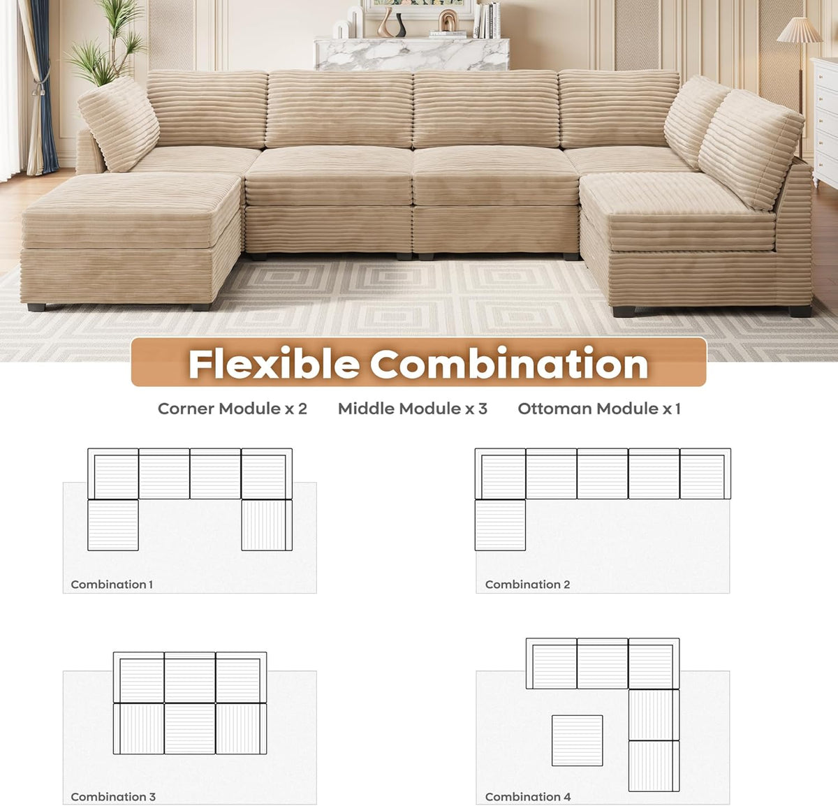 ovios Sectional Sofa Couch with U-Shape Chaise Sofa Bed, Comfy Modular Cloud Couches with Deep
