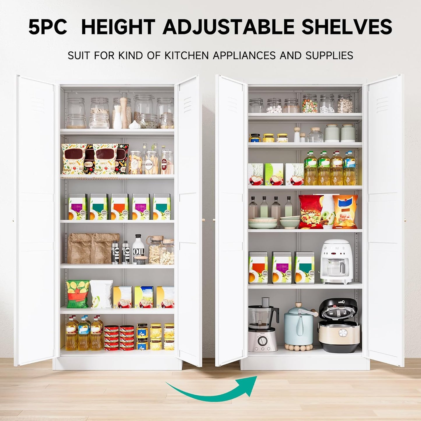 SISESOL White Metal Storage Cabinet,71" Tall Pantry Cabinet,Kitchen Pantry Storage Cabinets with 2