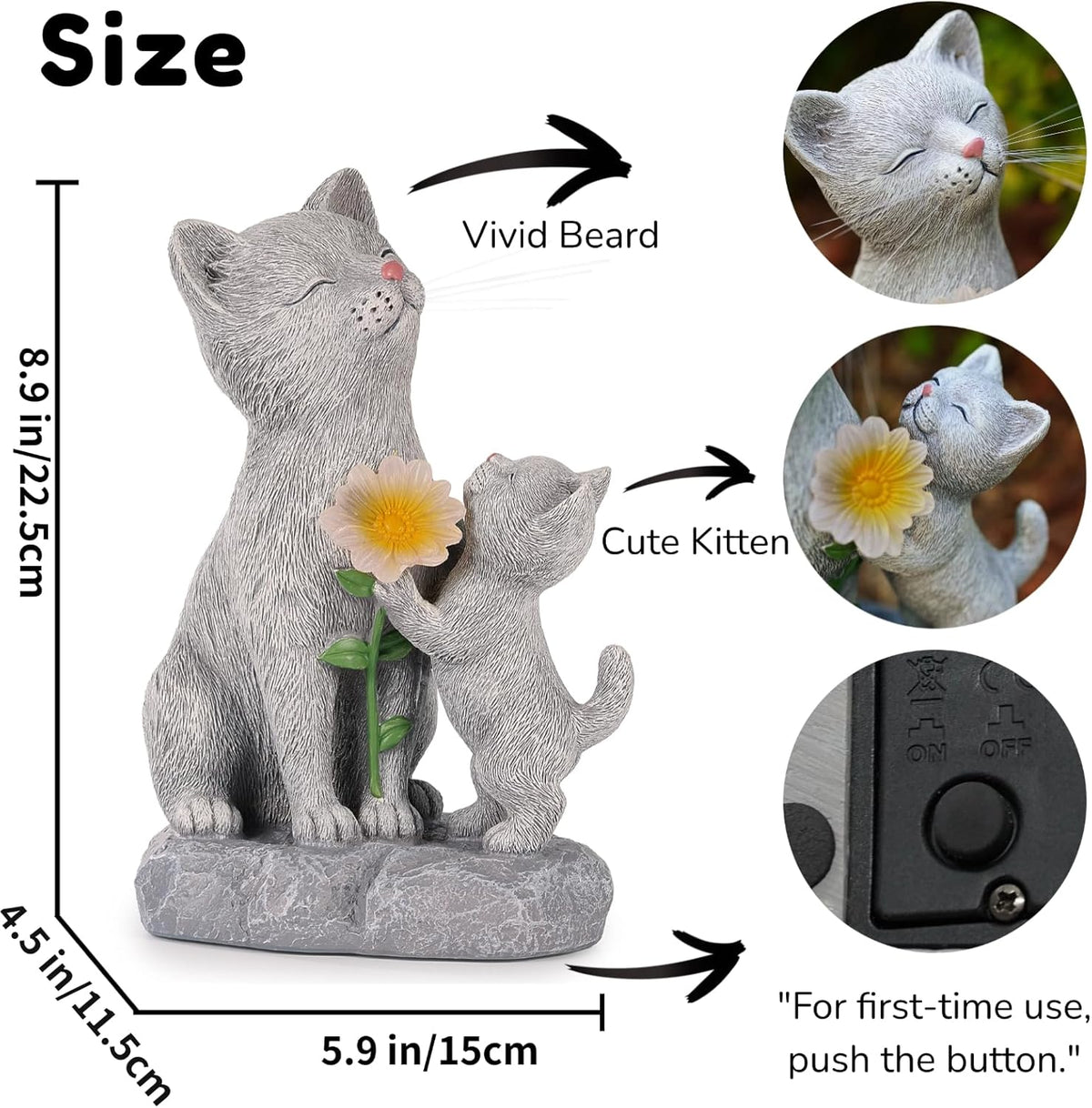 Solar Cat Garden Statue Outdoor Decor - Mother & Kitten Figurines with Flower LED Light, Outside