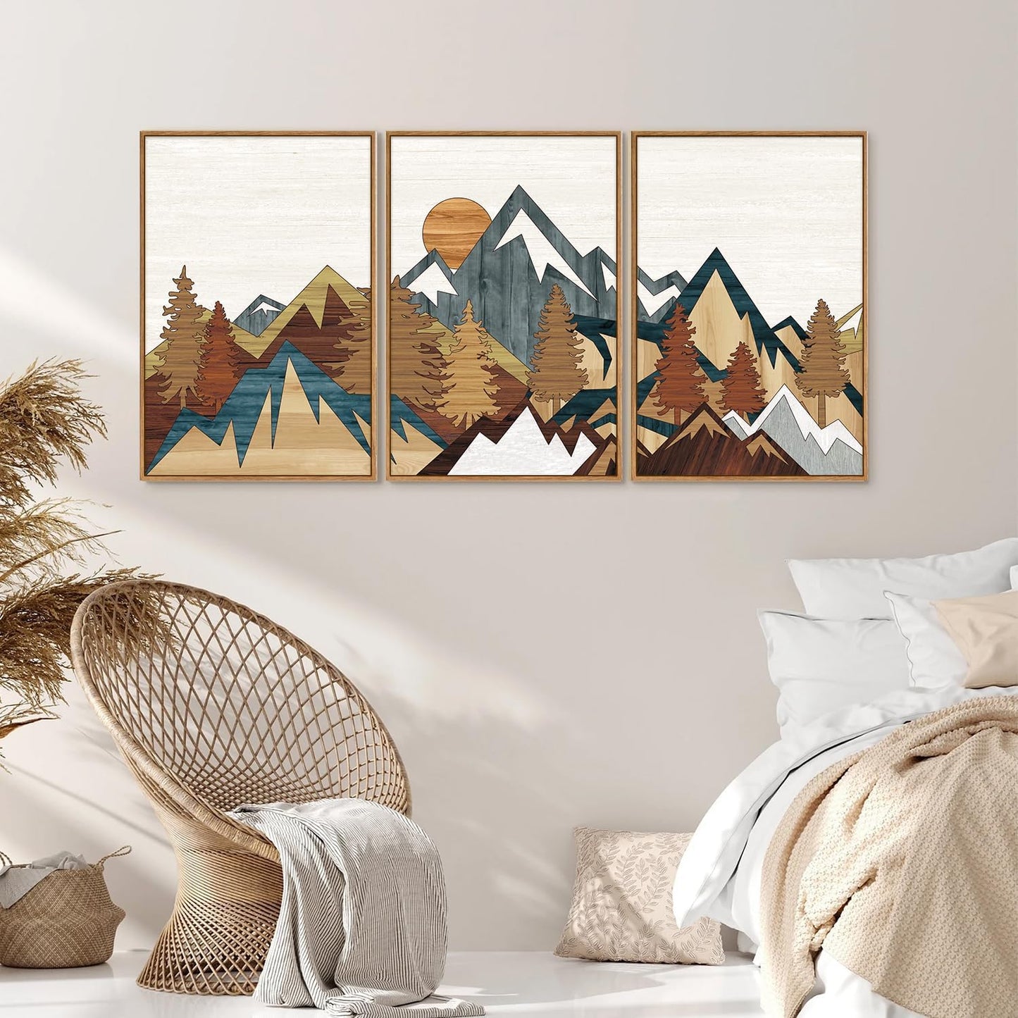 SIGNINART Vintage Mountain Framed Canvas Wall Art Set, Boho Sunrise Art Prints, Forest Nature