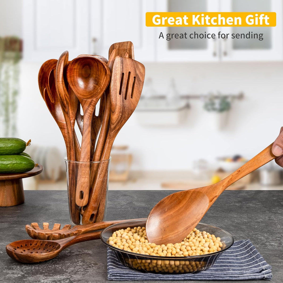 GUDAMAYE 11 PCE Wooden Spoons for Cooking, Wooden Kitchen Utensils Set,Wooden Cooking