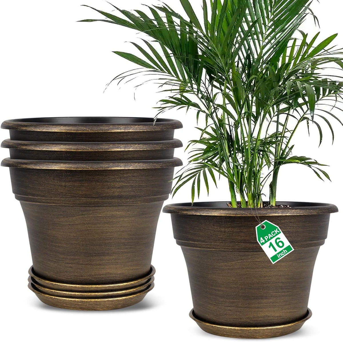16 inch Plant Pots Outdoor Planters，4 Pack Large Plastic Flower Pot for Indoor Plants with Drainage