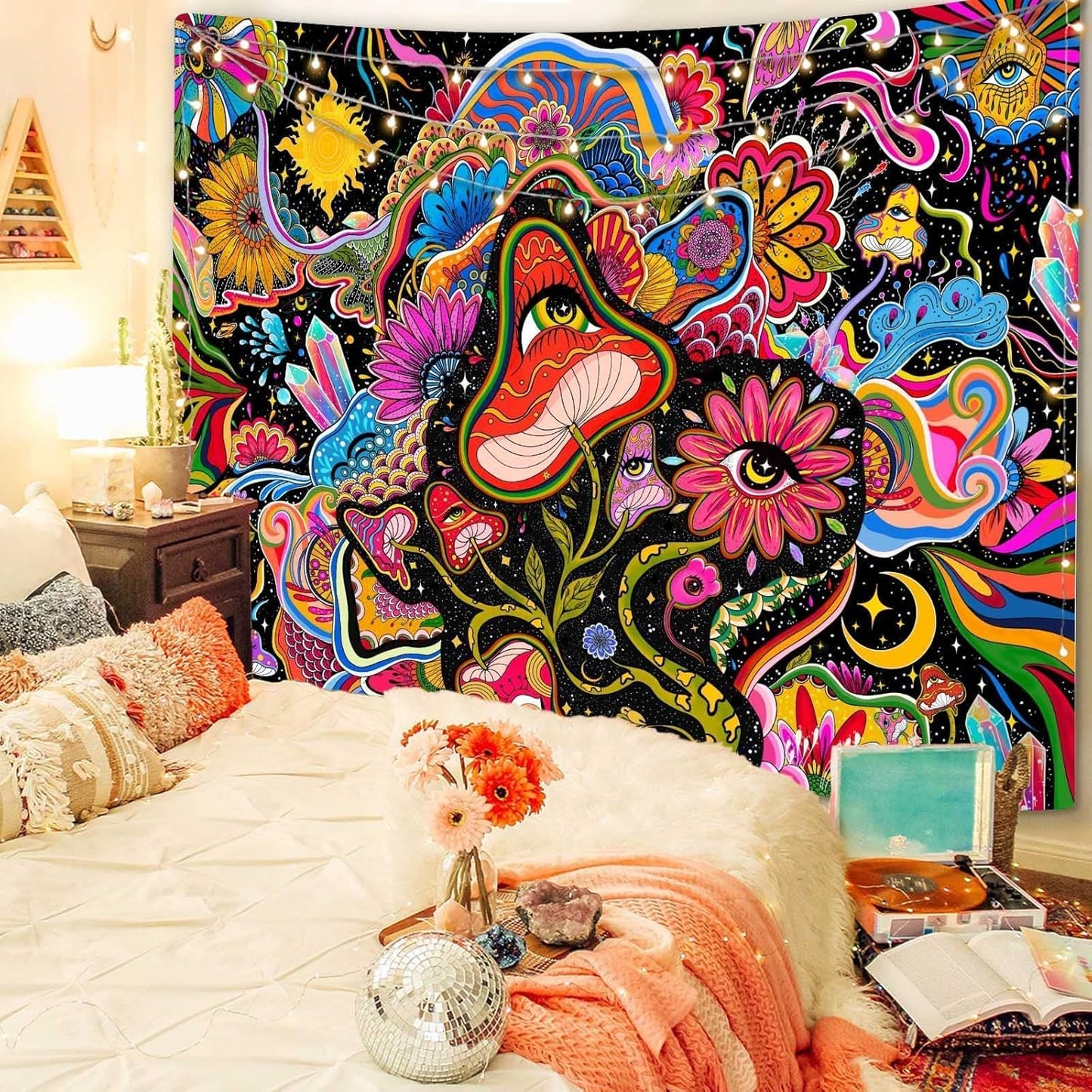 Lunerfex Mushroom Tapestry Pink Flowers Tapestry for Bedroom Aesthetic Tapestries Floral Tapestries