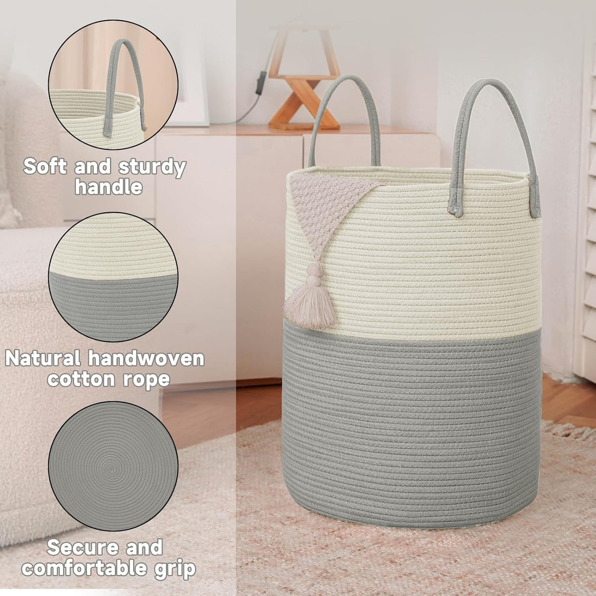 Large Woven Laundry Basket Hamper,80L Cotton Rope Storage Bin for Blankets,Toys and