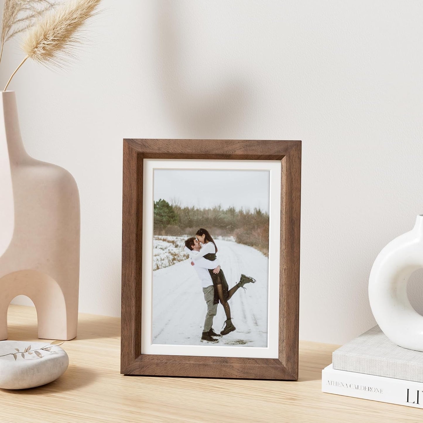 5x7 Picture Frame Set of 4 Natural Solid Walnut Photo Frames with 4x6 Removable Mat Wall Hanging