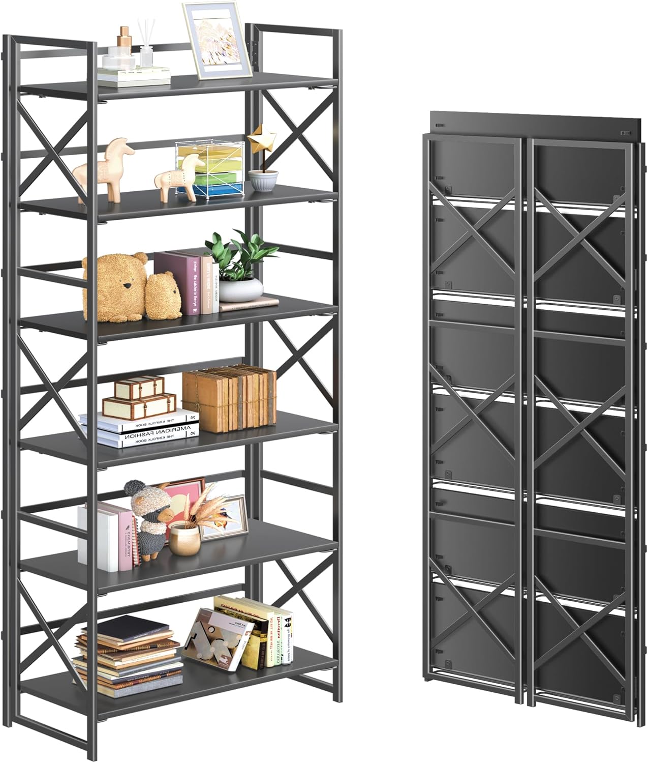 4NM 6 Tiers No Assembly Book Shelves, 61.8" H Folding Bookshelf Bookcase Open Industrial Foldable
