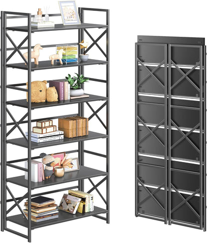 4NM 6 Tiers No Assembly Book Shelves, 61.8" H Folding Bookshelf Bookcase Open Industrial Foldable
