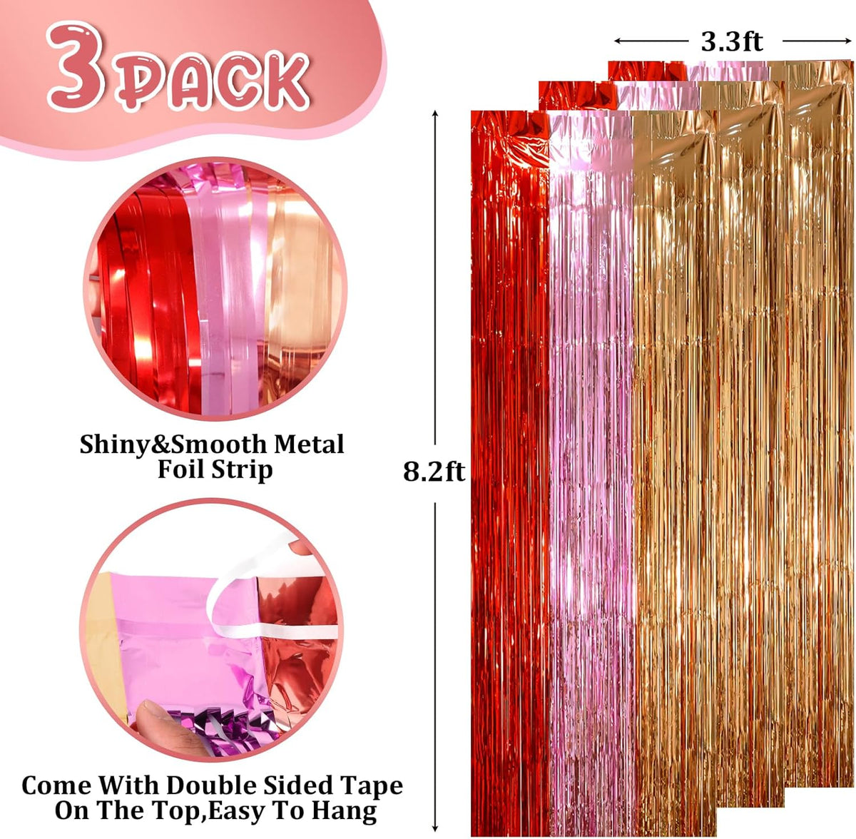 3 Pack 3.3 x 8.2 ft Valentine Foil Fringe Backdrop Curtains, Tinsel Streamers Party Decorations