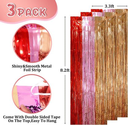 3 Pack 3.3 x 8.2 ft Valentine Foil Fringe Backdrop Curtains, Tinsel Streamers Party Decorations