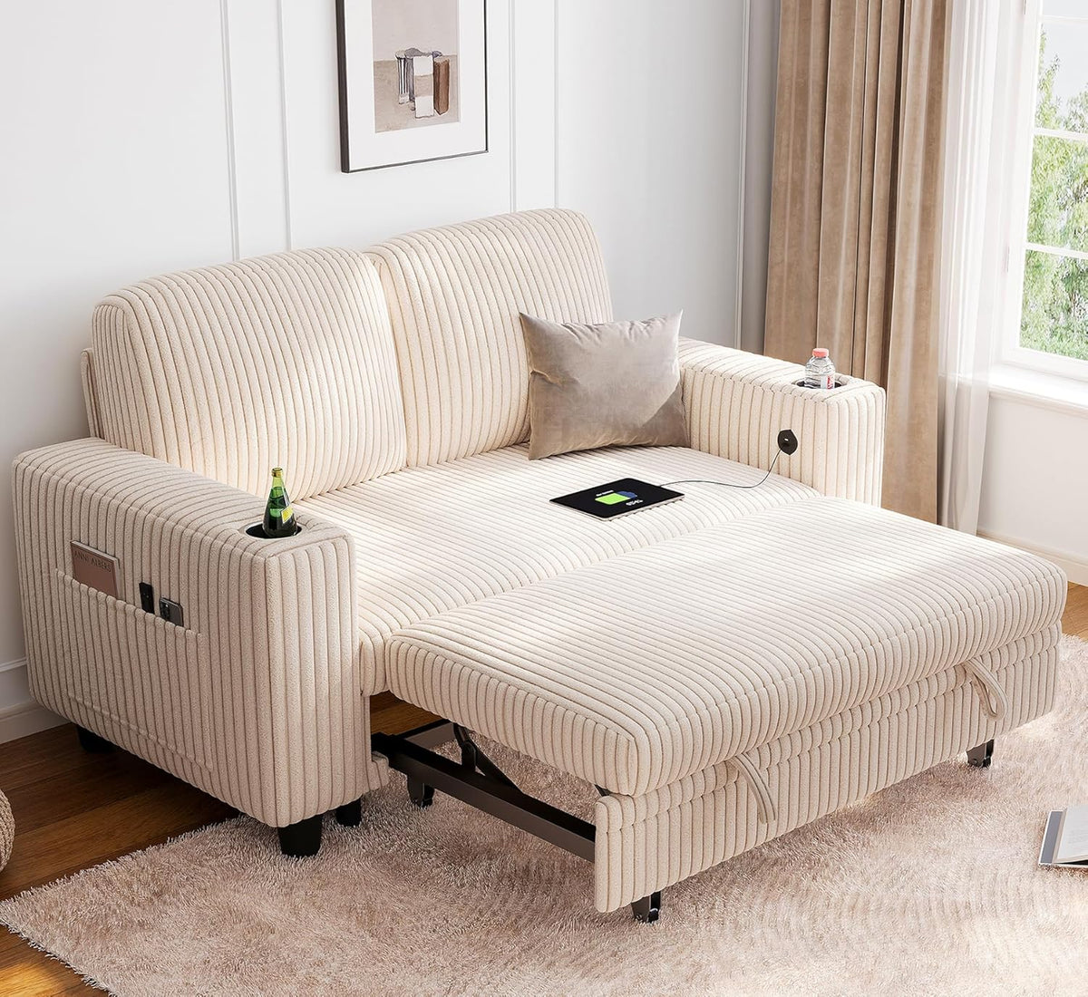 LINSY HOME Loveseat Sofa with Pull Out Couch Chaise: 2-in-1 Convertible 2 Seater Sofa with USB