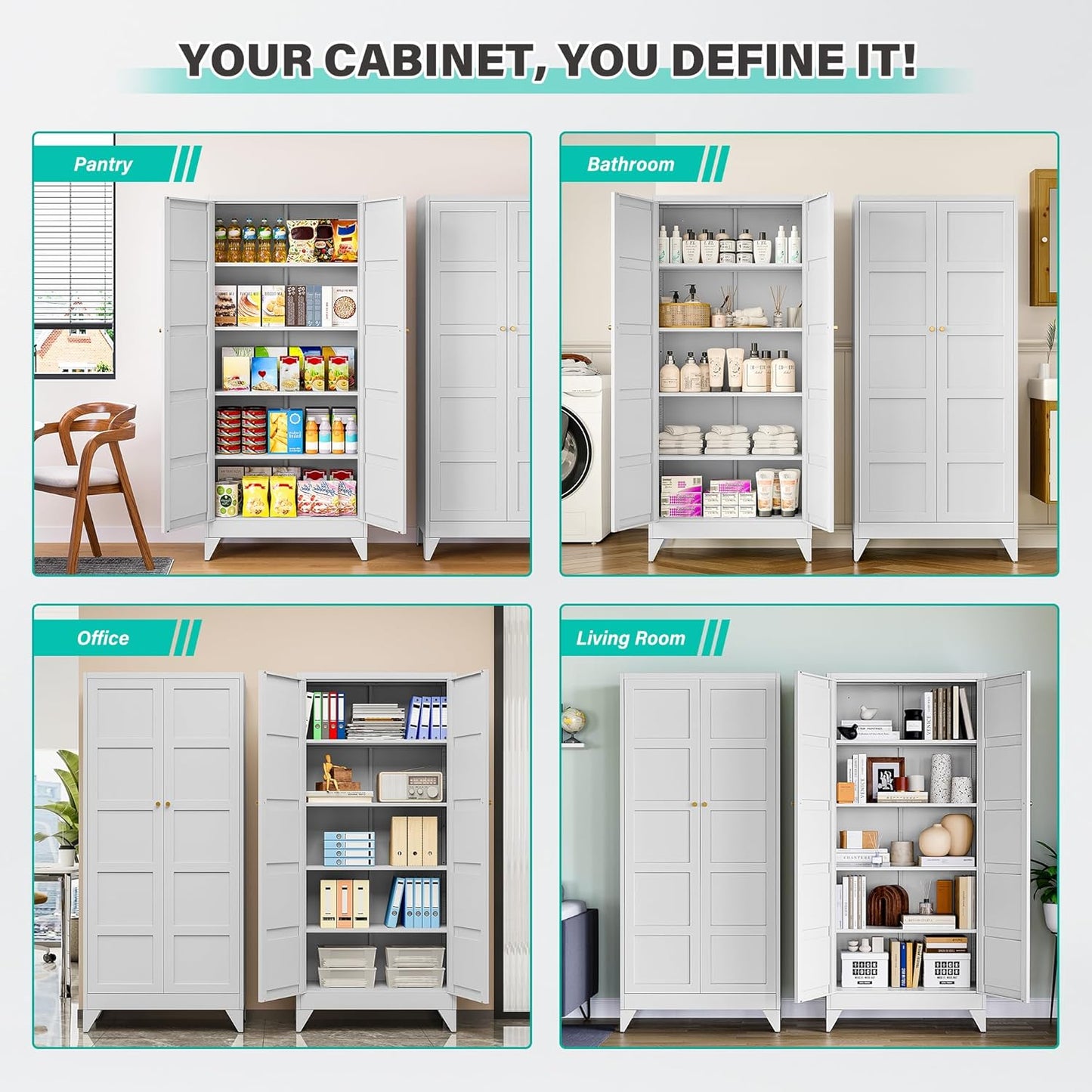 Metal Storages Cabinet with 2 Doors and 5 Shelves,Tall Storage Cabinet,Large Cupboard Closet,Pantry
