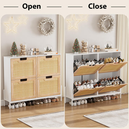 IDEALHOUSE Rattan Shoe Storage Cabinet with 4 Flip Drawers, Freestanding Shoe Organizer with