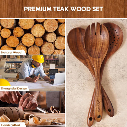 Wooden Spoons for Cooking, 10PCS Teak Wood Cookware Utensil Set with Hooks - Smooth Finish