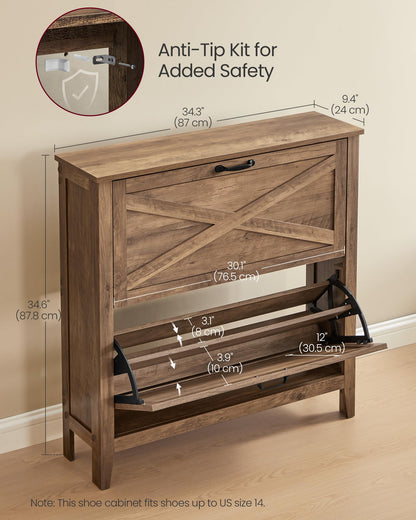 VASAGLE Farmhouse Shoe Cabinet, Narrow Storage Organizer, 2 Flip Drawers