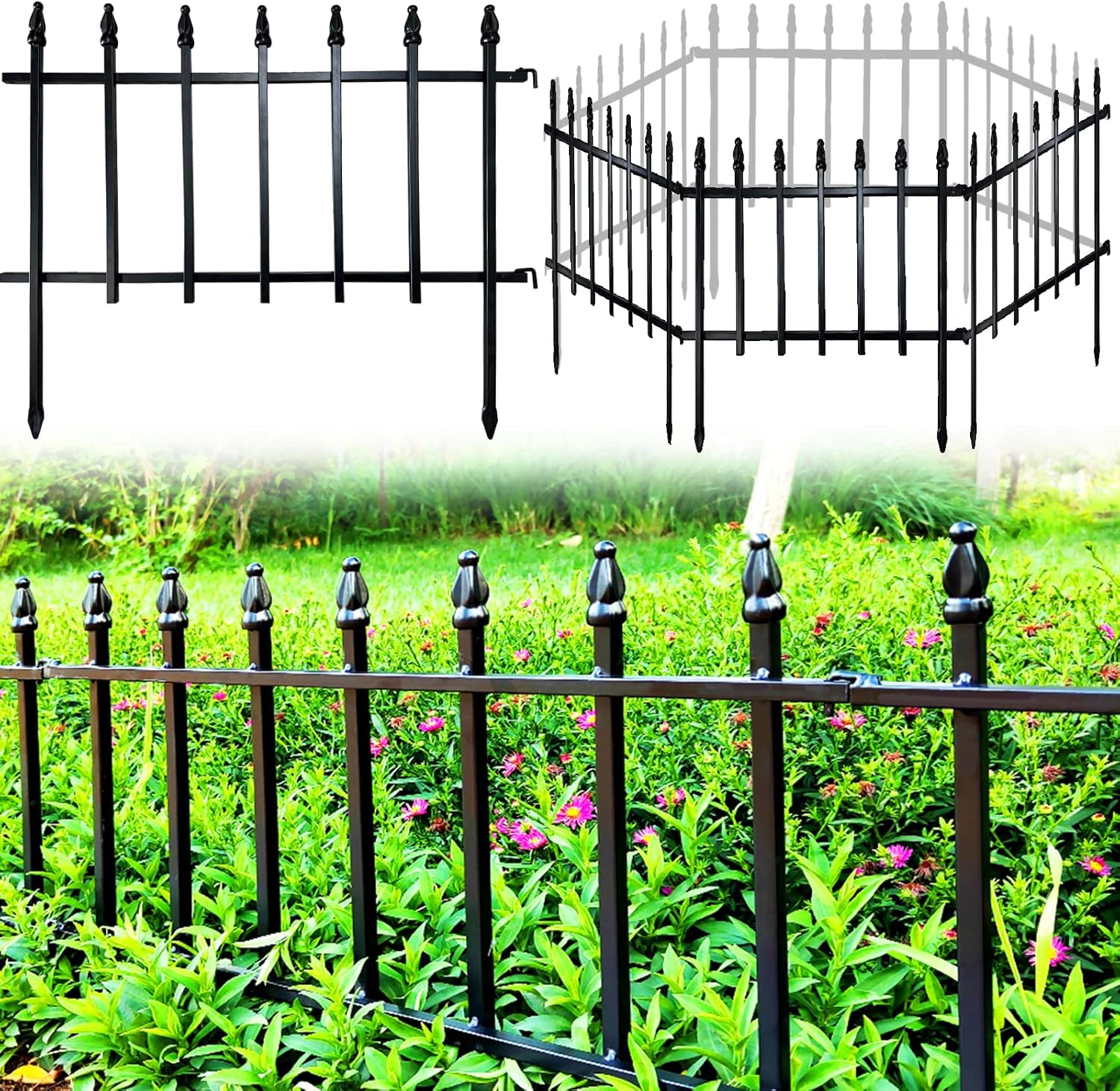 Metal Decorative Garden Fence 22" Wide x 18" High (5 Panels, Total Length 9.17 feet), Metal Border