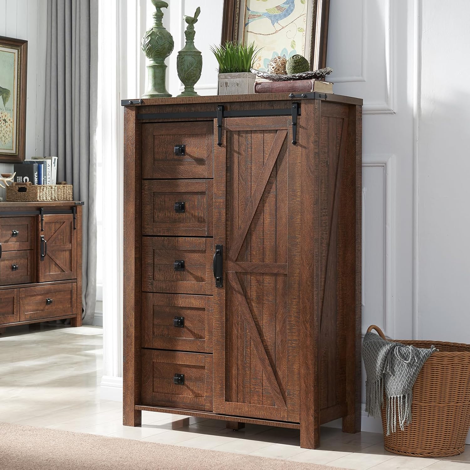 T4TREAM 5 Drawers Dresser for Bedroom w/Sliding Barn Door, Farmhouse Modern Dresser Tall 5 Chest of