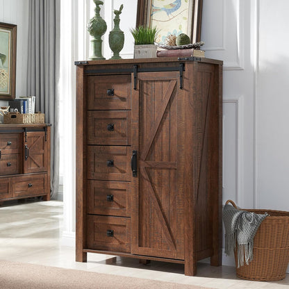 T4TREAM 5 Drawers Dresser for Bedroom w/Sliding Barn Door, Farmhouse Modern Dresser Tall 5 Chest of