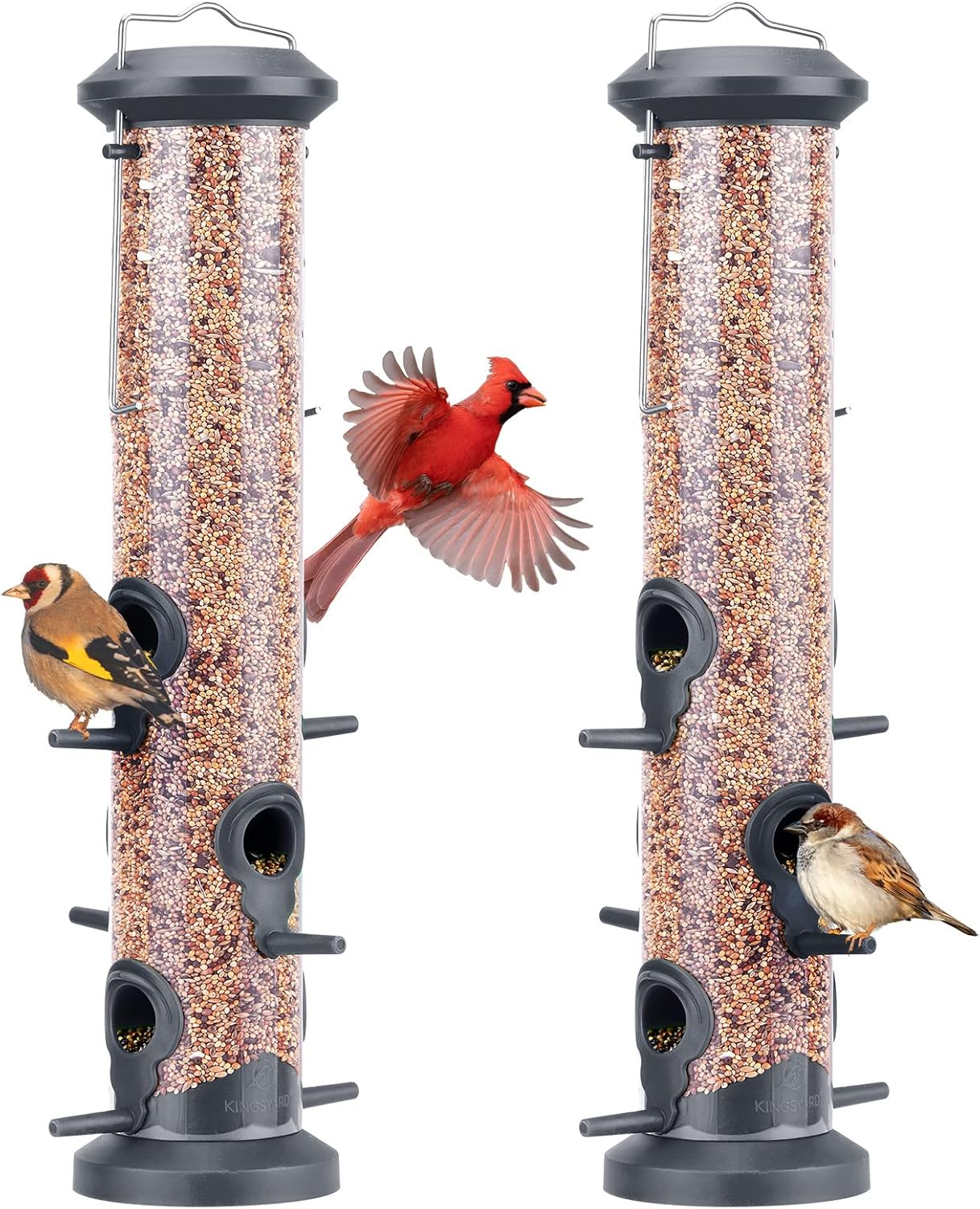 Kingsyard 2 Pack Tube Feeders with 6 Feeding Ports for Outdoors Hanging, Premium Hard Plastic